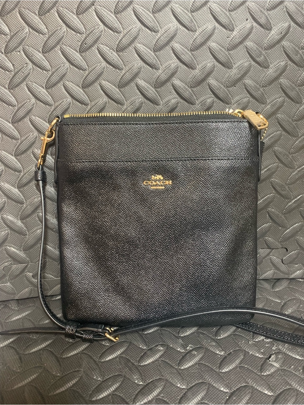Coach Black Leather Messenger Crossbody with Gold Accents